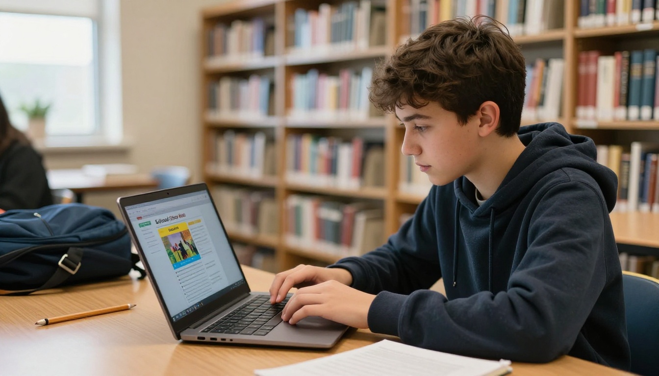 Teenage student sitting at a school library table reading a digital school newsletter on a laptop with library shelves softly out of focus in the background Teenage student sitting at a school library table reading a digital school newsletter on a laptop with library shelves softly out of focus in the background