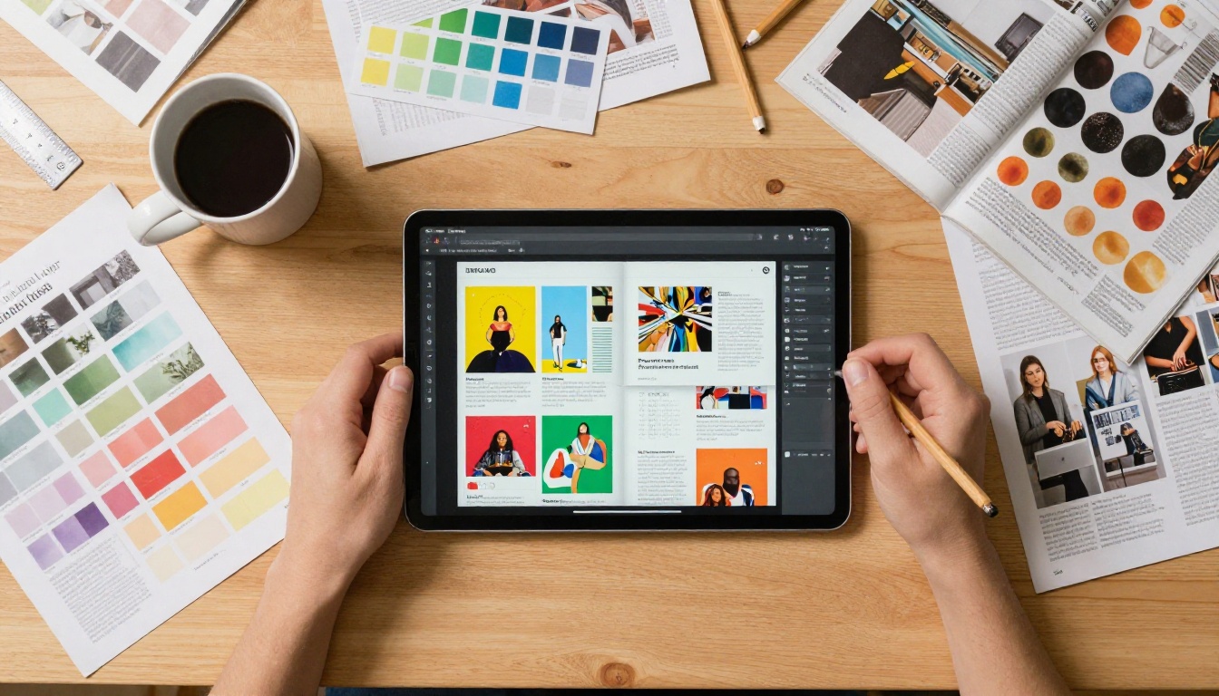 Aerial top-down view of a designer's workspace with printed magazines and a tablet showing a digital flipbook