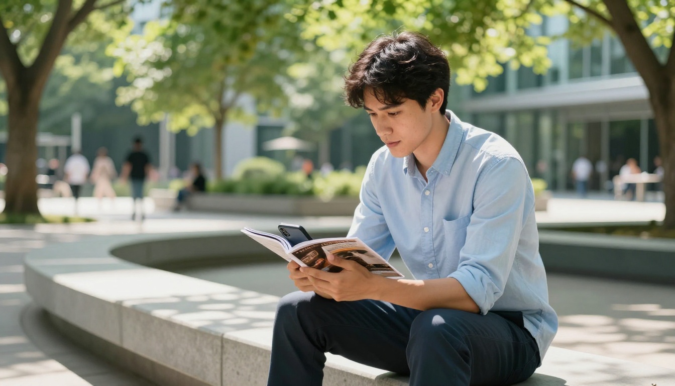 Young man sitting on an urban park bench viewing a digital flipbook on his smartphone