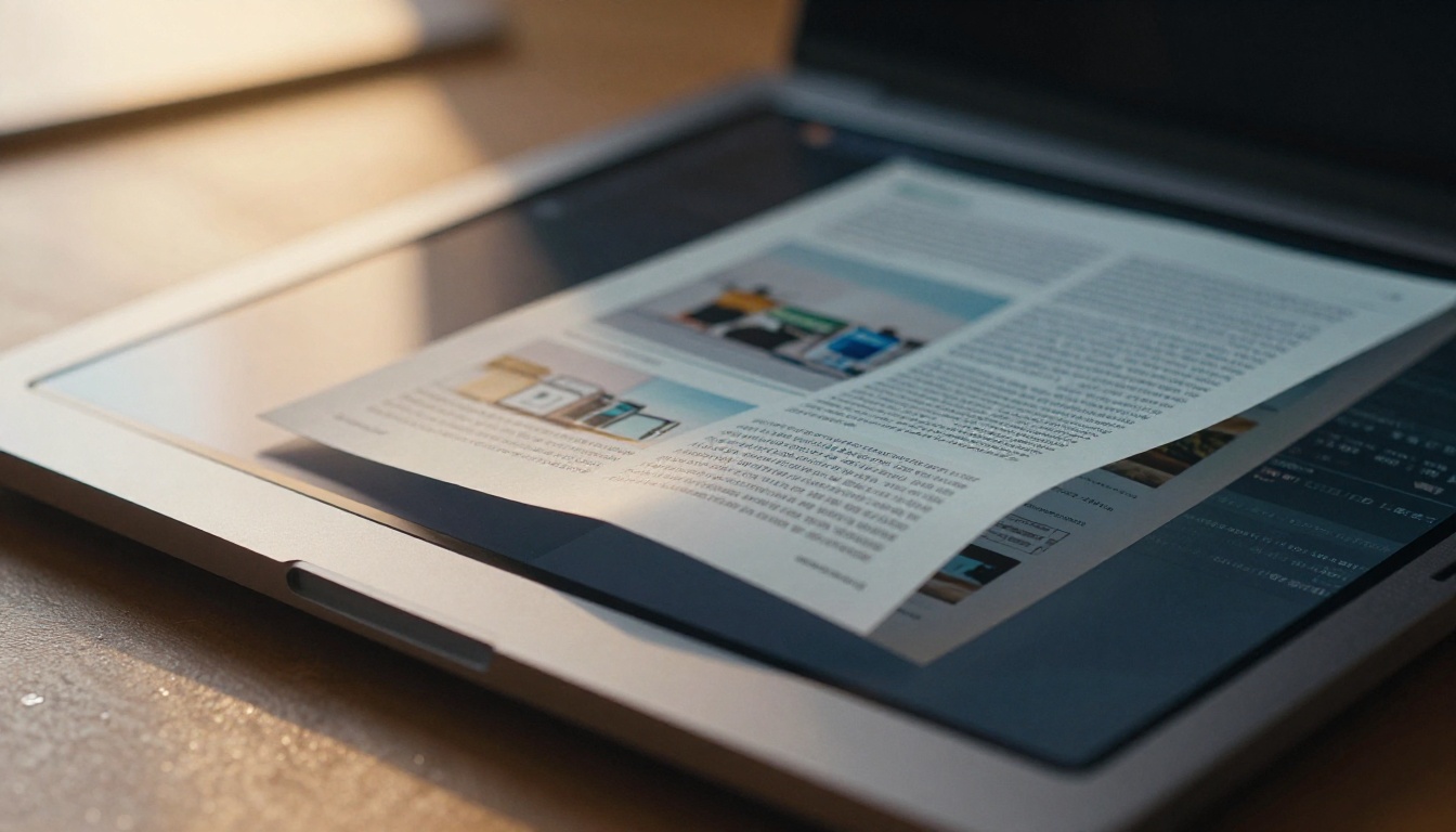 Extreme close-up of a laptop screen showing a digital product catalog with a page-turn animation mid-flip