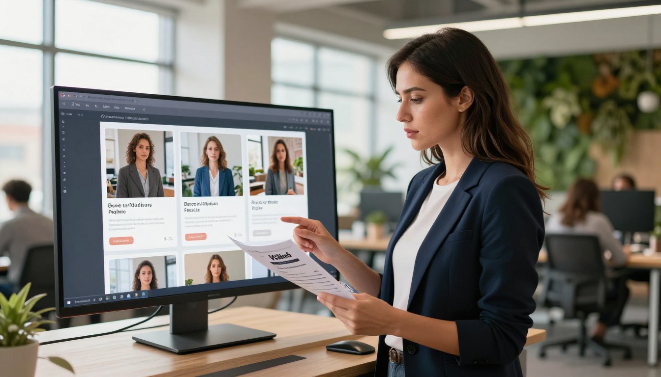 Stylish woman comparing a printed brochure with its digital version on a monitor in a bright co-working space