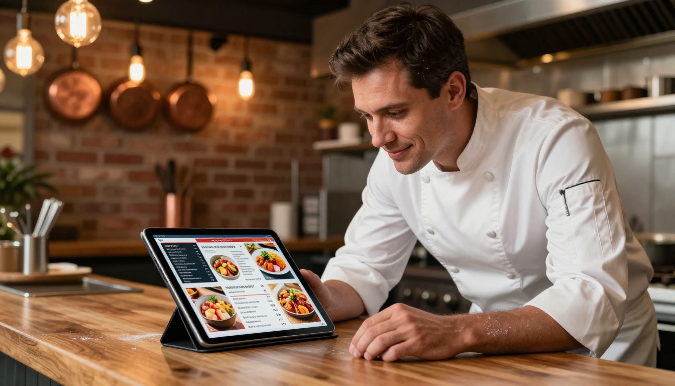 Restaurant owner in a white chef's jacket reviewing a digital menu flipbook on a tablet in the kitchen