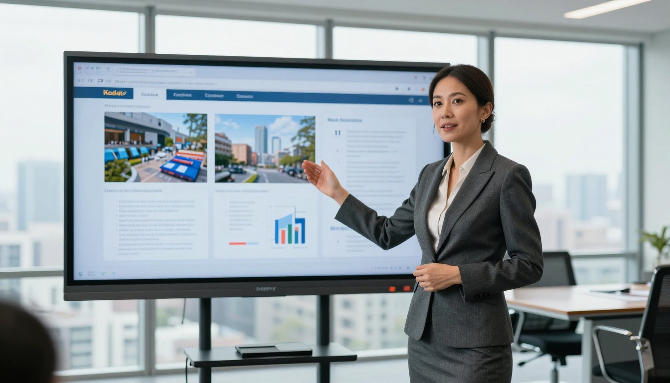 Confident business professional presenting a digital flipbook publication on a large display in a modern boardroom