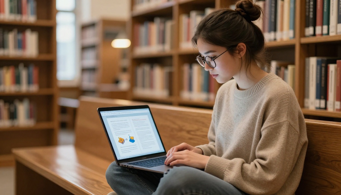 University student reading an interactive digital textbook flipbook on a laptop in a warm library setting