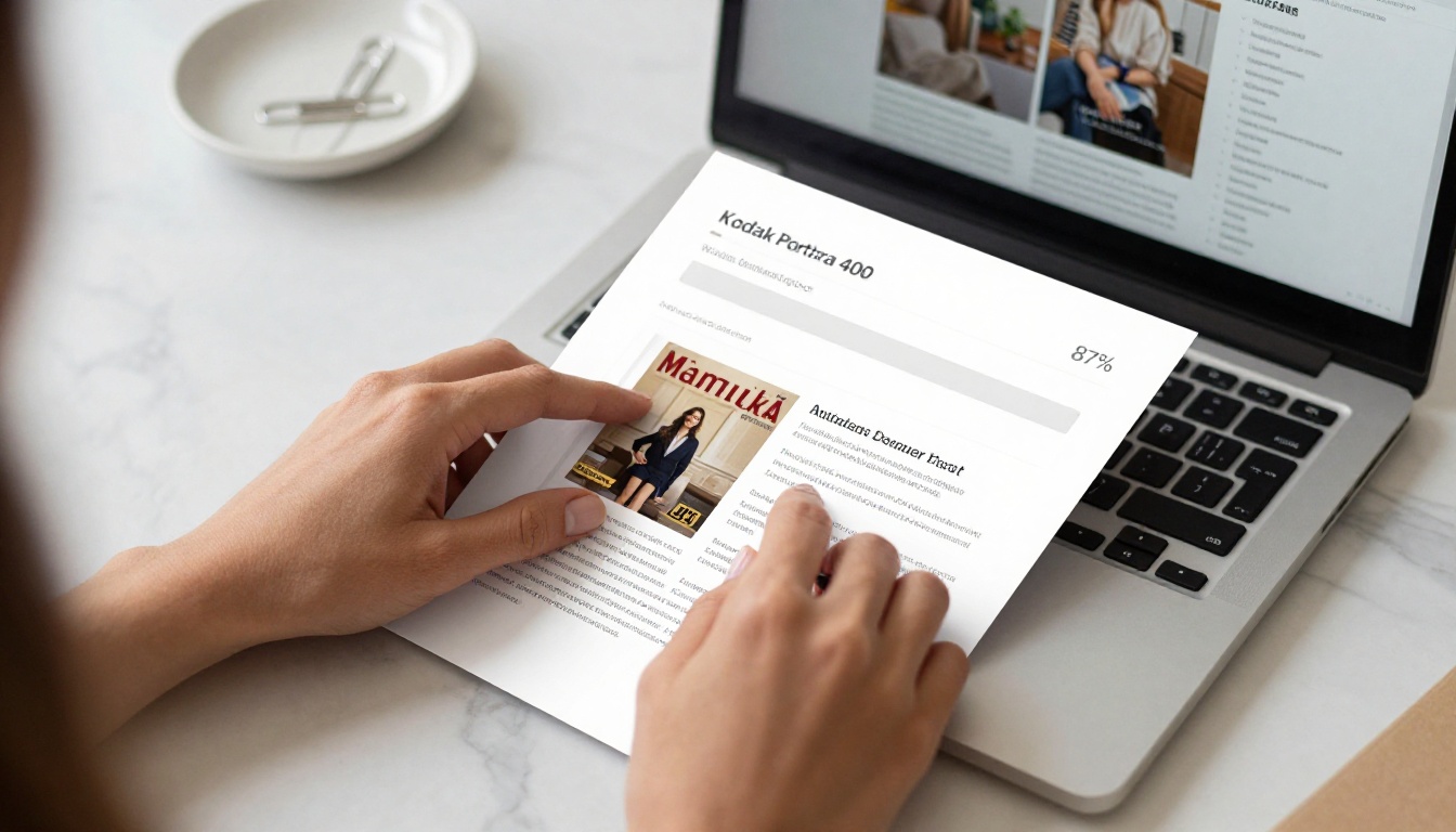 Close-up of hands dragging a PDF document toward a laptop screen showing a magazine upload interface on a white marble desk