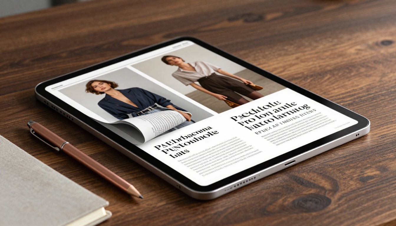 An iPad Pro on a dark walnut table showing a digital magazine with a realistic mid-turn page curl effect