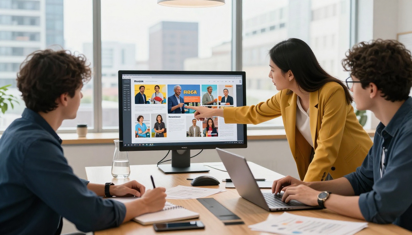 A creative team reviewing a digital magazine flipbook on a large monitor in a bright open-plan office