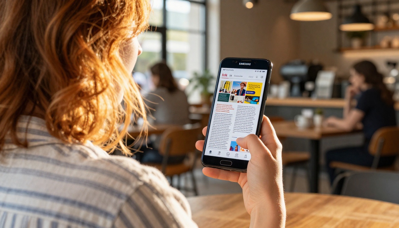 A woman in a striped linen shirt sitting in a bright cafe, reading a digital magazine flipbook on a smartphone, warm afternoon light behind her