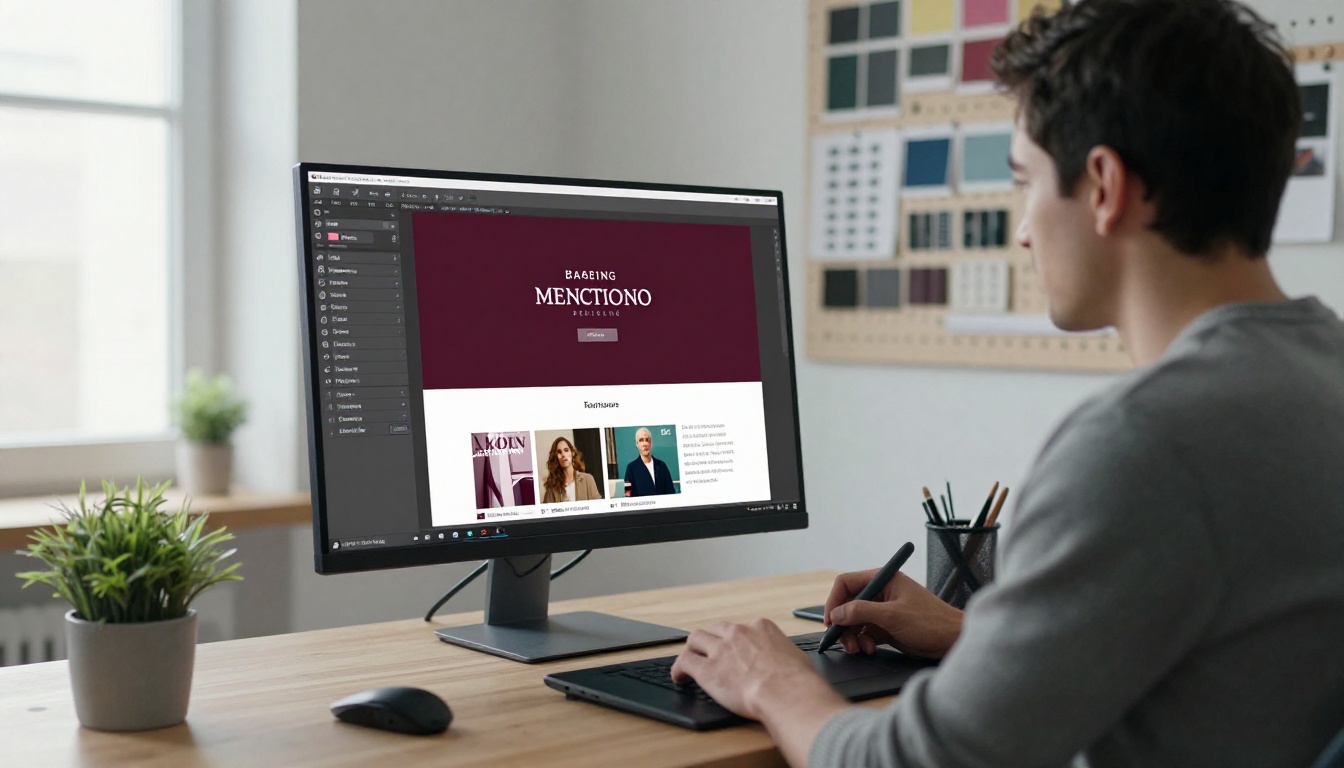 A graphic designer at a standing desk working on a widescreen monitor showing a digital magazine customization panel with brand color swatches