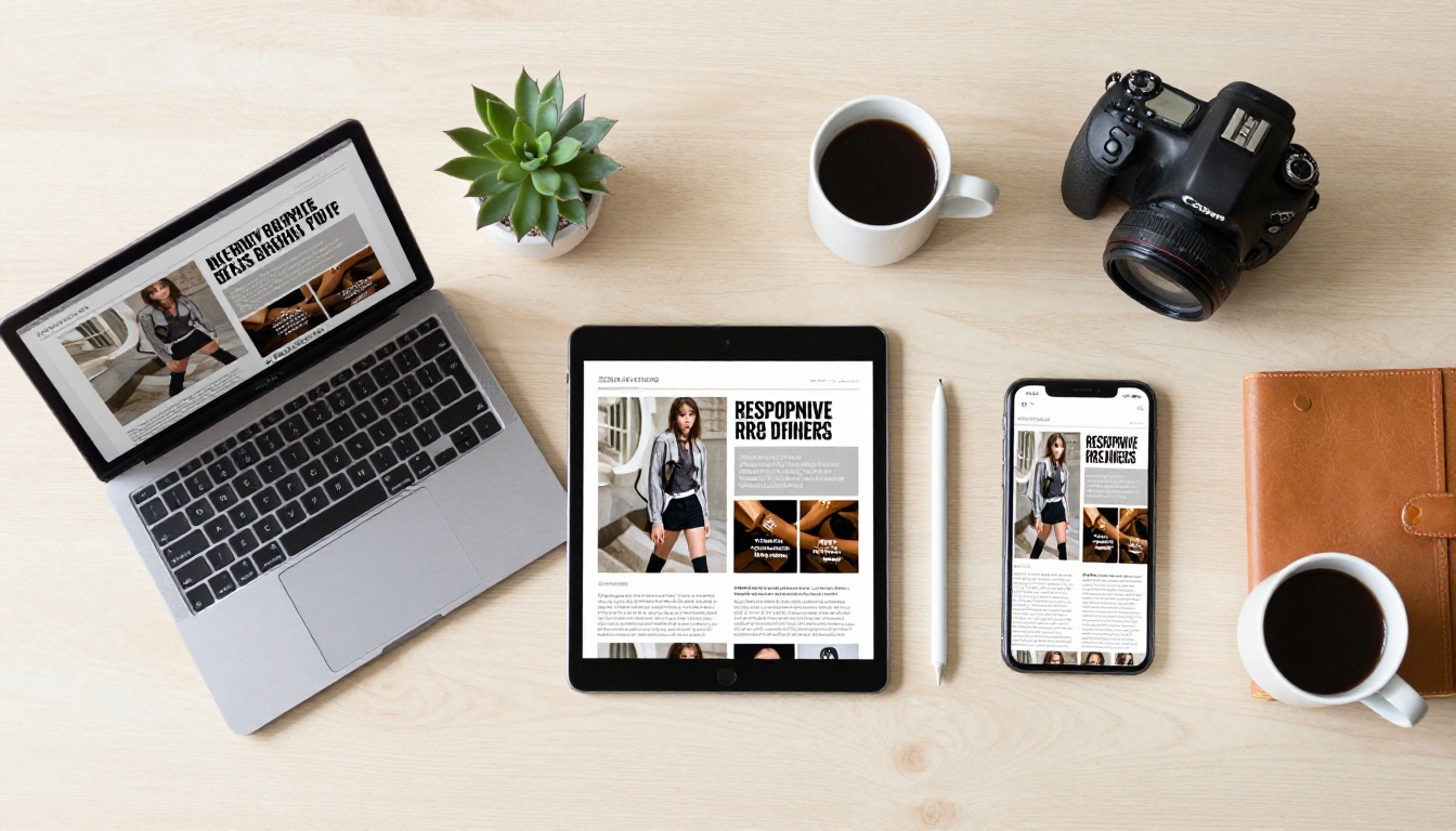 Flat lay aerial view of a MacBook, iPad, and iPhone on a birch desk all showing the same digital magazine spread, demonstrating cross-device compatibility