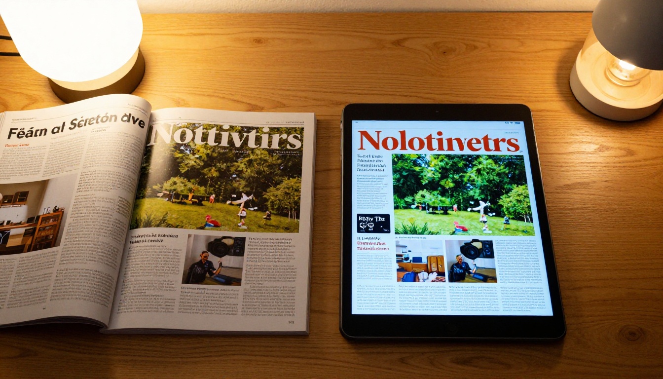 A glossy print magazine open on a desk beside an iPad showing the same editorial spread in vibrant digital form, reading lamp casting warm light