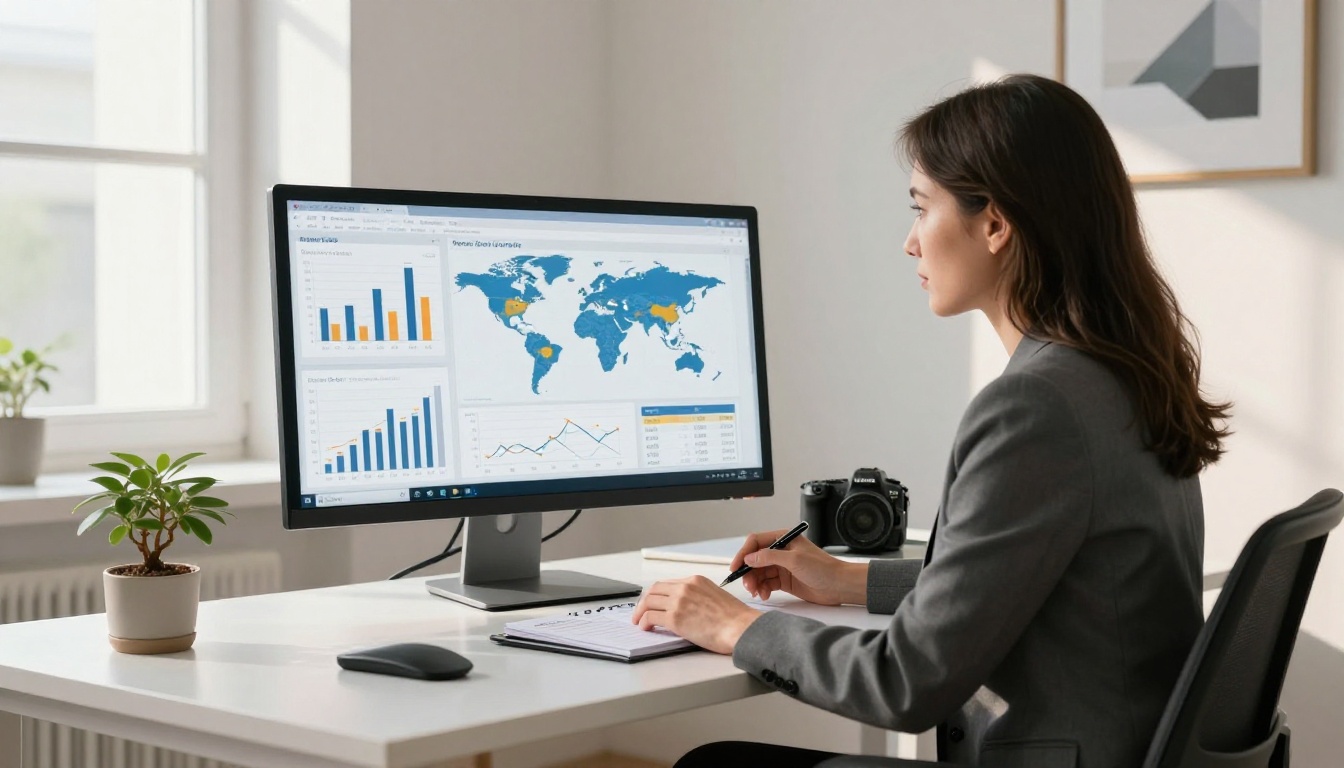 A professional woman in a charcoal blazer reviewing an analytics dashboard on a large monitor, morning light streaming from a window beside her