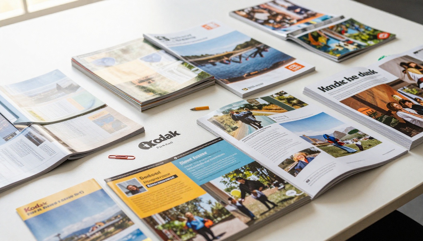 Stack of colorful printed brochures and magazines spread across a white conference table Stack of colorful printed brochures and magazines spread across a white conference table