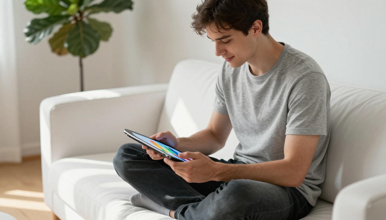 Young man sitting cross-legged on a minimalist white couch reading interactive digital document on a tablet Young man sitting cross-legged on a minimalist white couch reading interactive digital document on a tablet