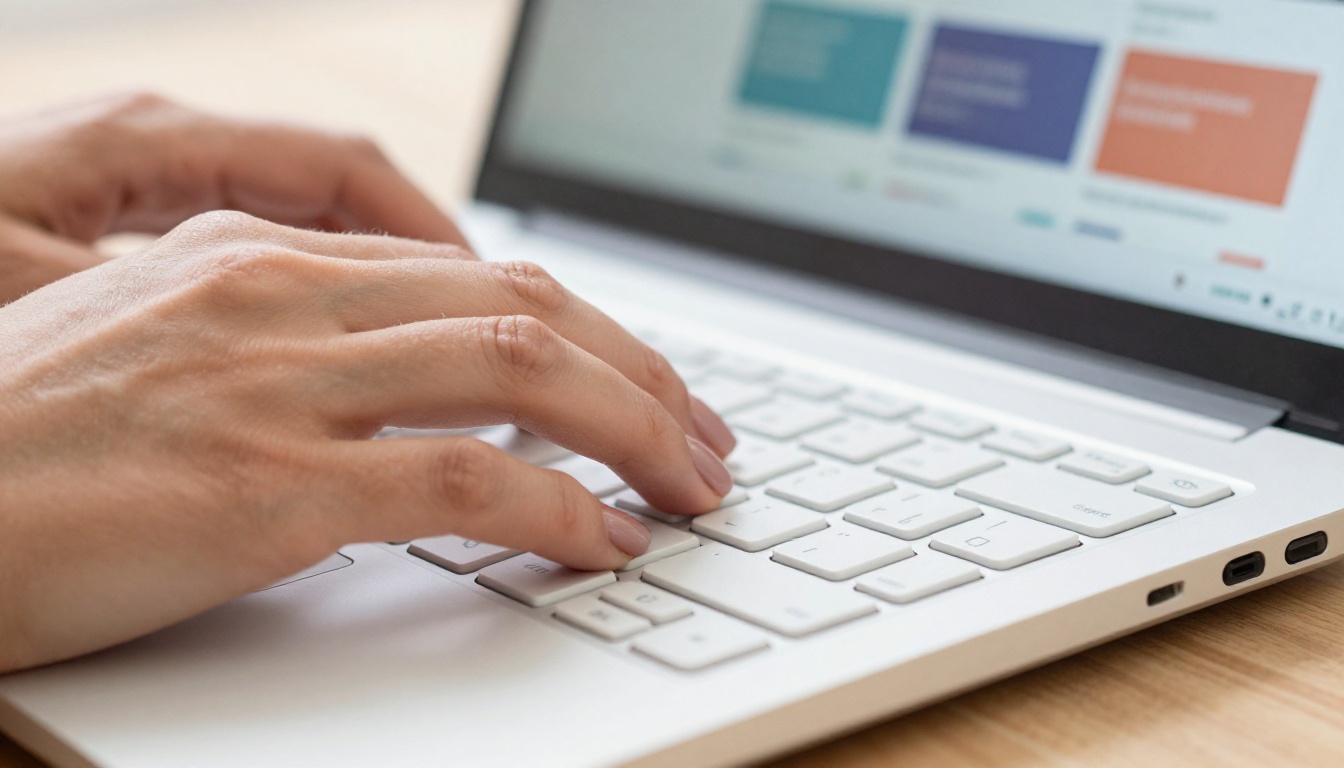 Extreme close-up of a woman's hands typing on a matte white laptop keyboard Extreme close-up of a woman's hands typing on a matte white laptop keyboard