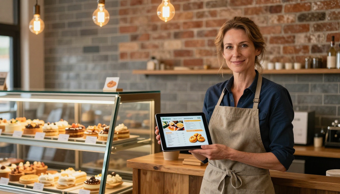 Small business owner woman standing behind a bakery counter holding a tablet displaying a colorful digital menu Small business owner woman standing behind a bakery counter holding a tablet displaying a colorful digital menu