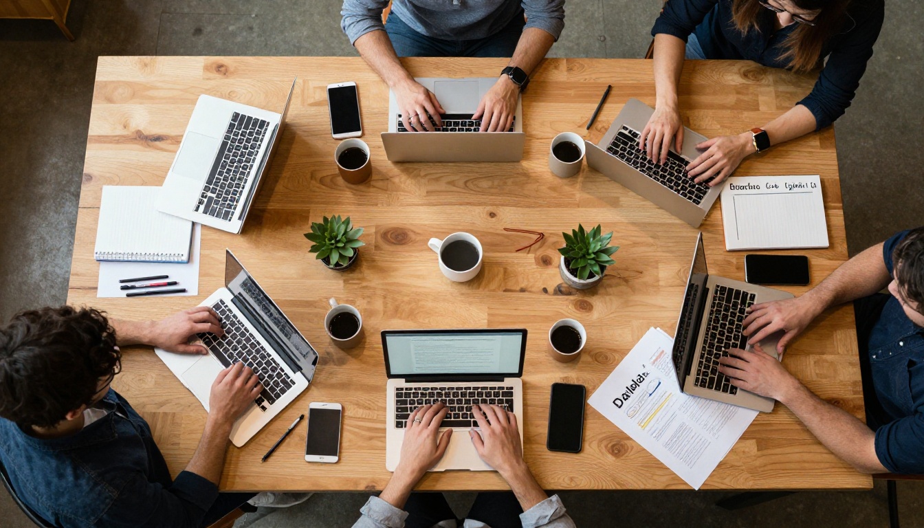 Creative team collaborating around a natural wood table shot from directly overhead with laptops, notebooks, and coffee cups Creative team collaborating around a natural wood table shot from directly overhead with laptops, notebooks, and coffee cups