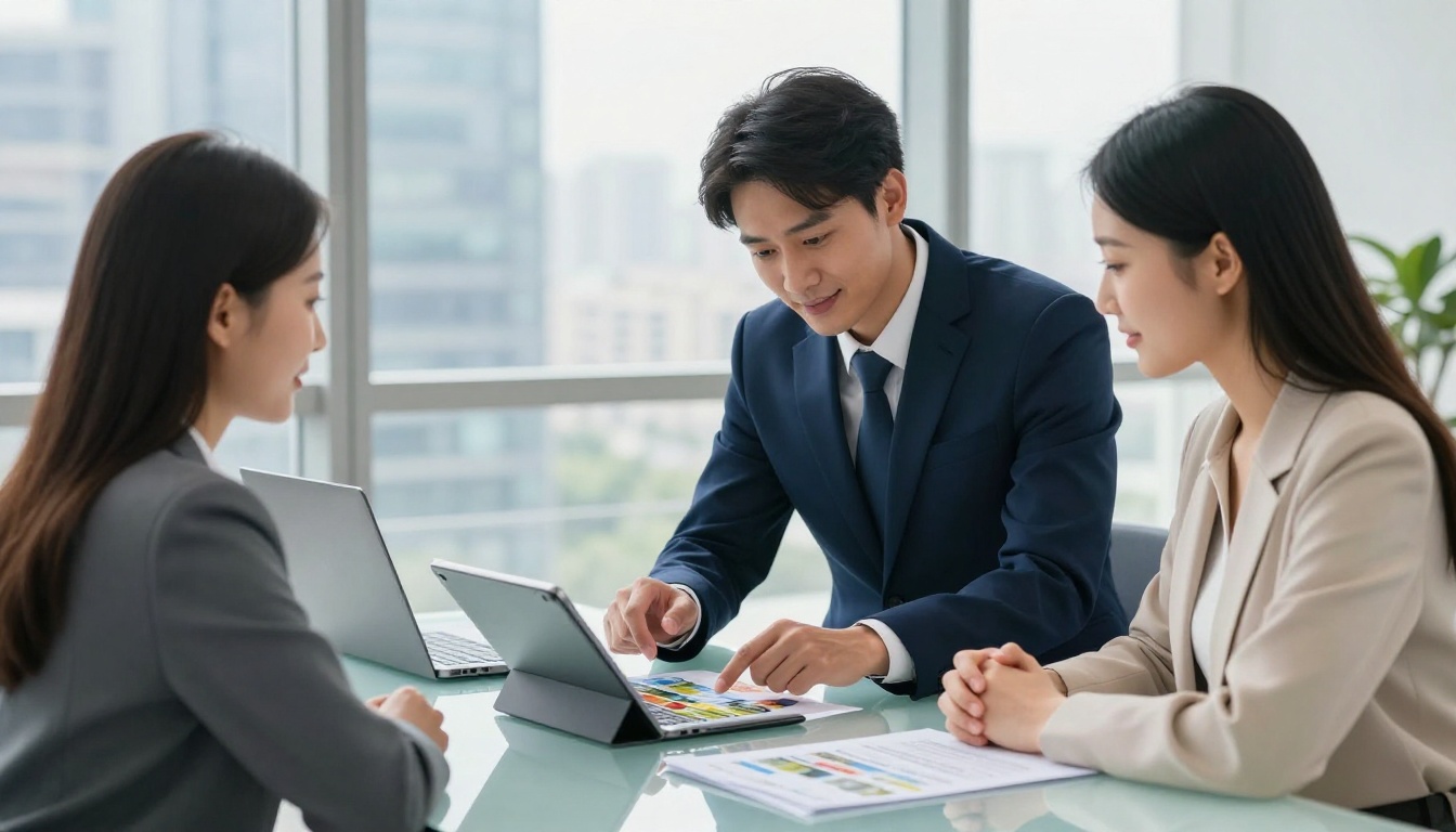 Real estate agent in navy suit showing digital property brochure on a tablet to an engaged couple in a bright modern office Real estate agent in navy suit showing digital property brochure on a tablet to an engaged couple in a bright modern office