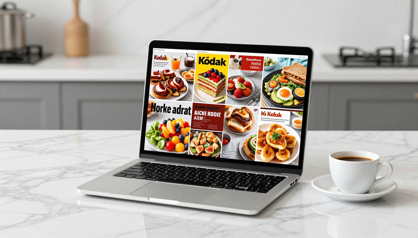 A sleek laptop displaying a vibrant digital magazine spread open on a white Carrara marble countertop with an espresso cup beside it A sleek laptop displaying a vibrant digital magazine spread open on a white Carrara marble countertop with an espresso cup beside it