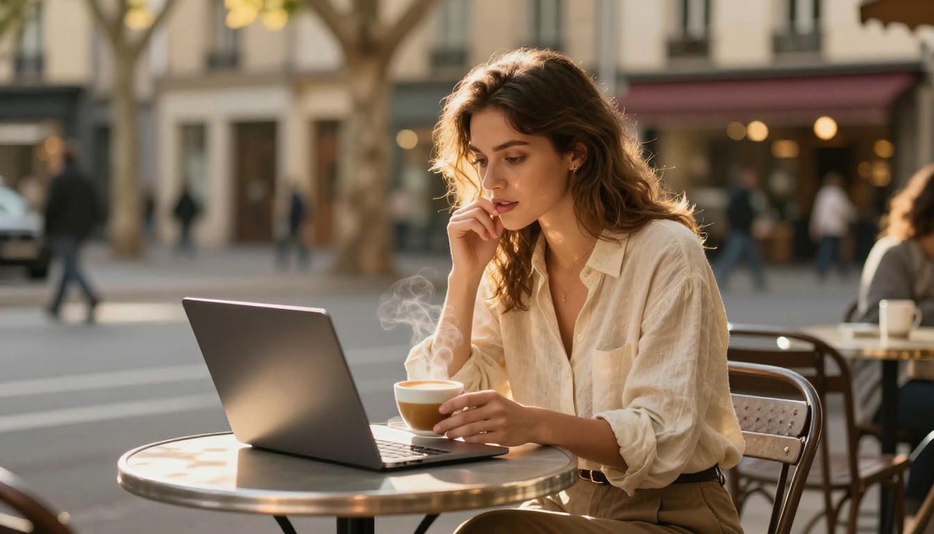 Young woman working at a small round iron table at an outdoor café with a laptop in warm golden afternoon light filtered through trees Young woman working at a small round iron table at an outdoor café with a laptop in warm golden afternoon light filtered through trees