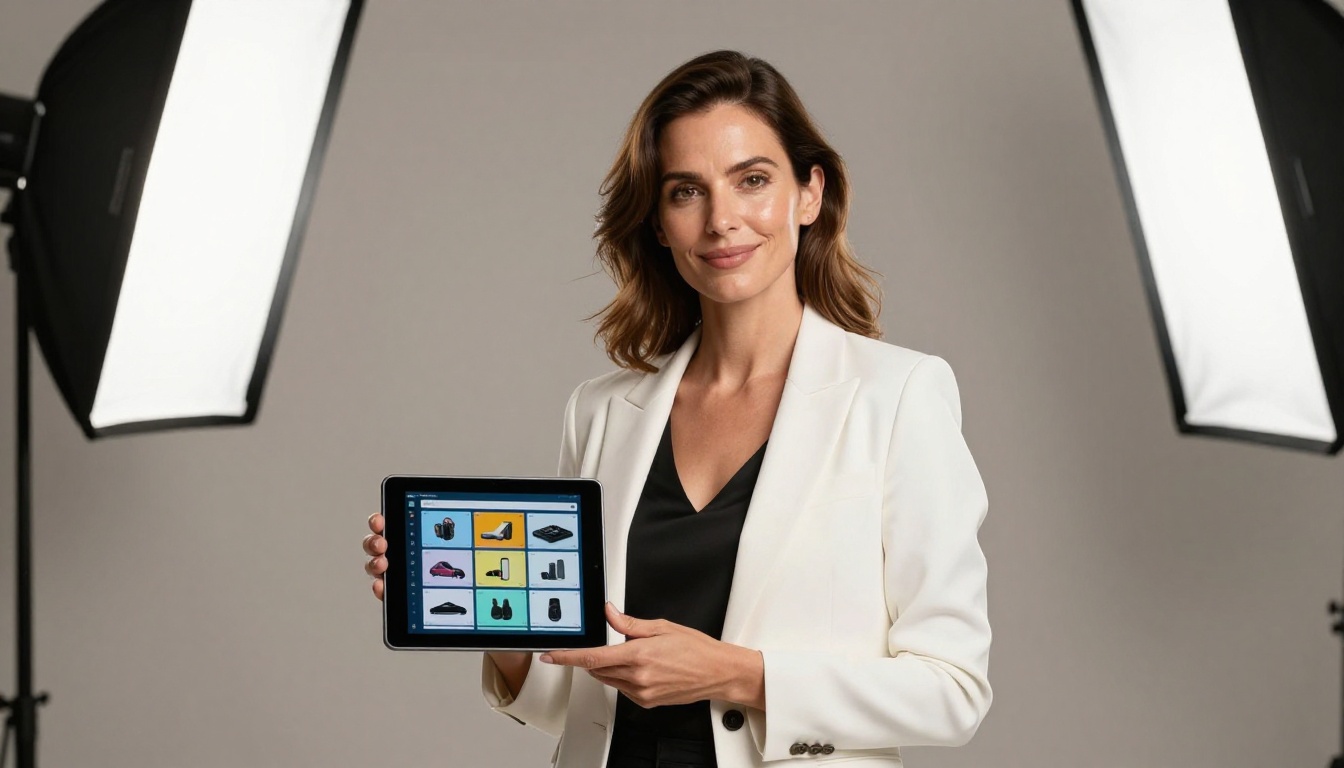 Professional woman in a white blazer confidently holding a tablet displaying a colorful interactive product catalog in a clean studio setting Professional woman in a white blazer confidently holding a tablet displaying a colorful interactive product catalog in a clean studio setting
