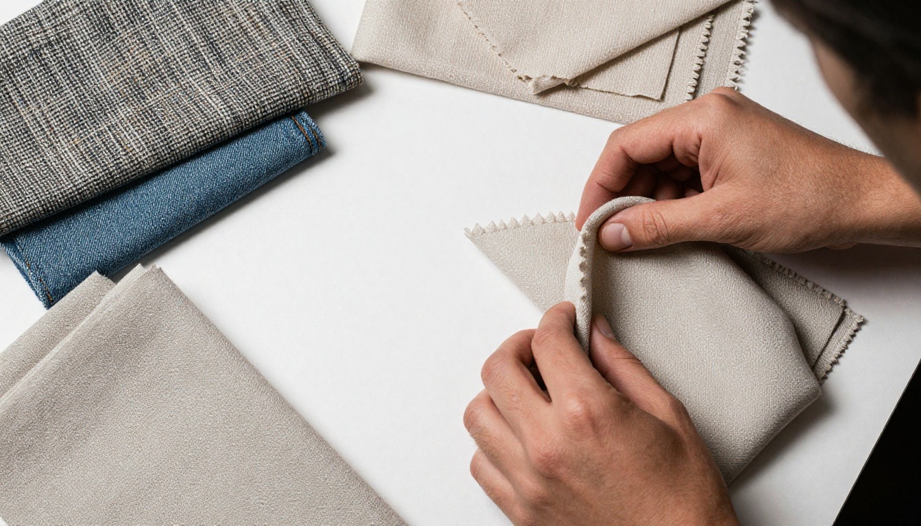 Photographer's hands arranging textile fabric swatches on white studio background