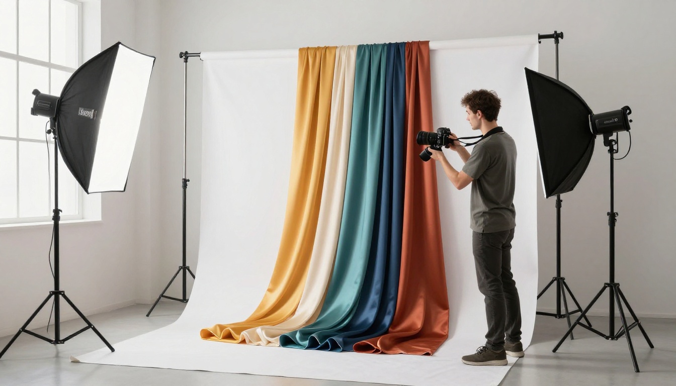 Professional textile photographer in bright studio setting up draped fabric shot