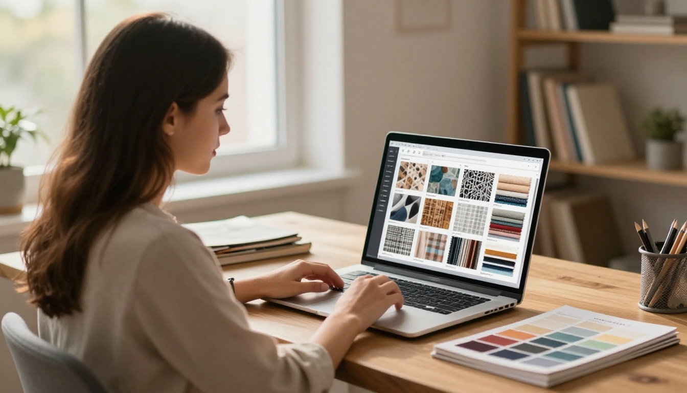 Textile designer at laptop reviewing digital fabric catalog with fabric swatches on desk