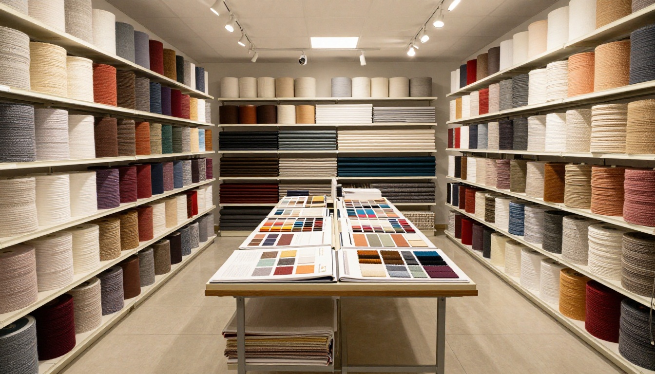 Professional textile showroom with color-organized fabric rolls and open catalog on display table