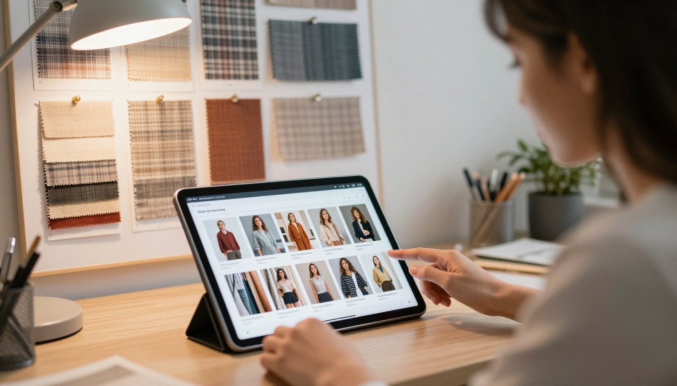 Fashion buyer reviewing digital textile catalog on tablet in modern office with fabric mood board