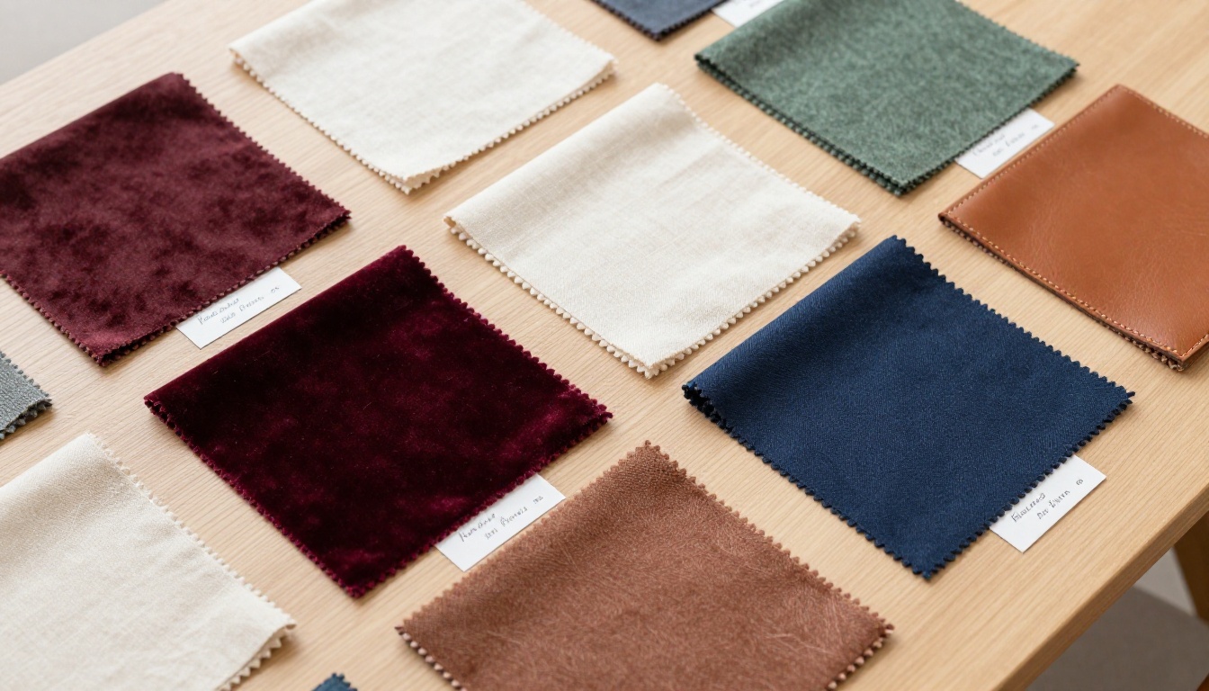 Overhead flat lay of textile fabric samples in burgundy velvet, cream linen, and navy canvas arranged in geometric grid