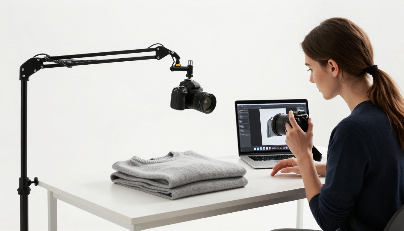 Professional woman photographing cashmere sweater product in studio with digital catalog layout appearing on second monitor