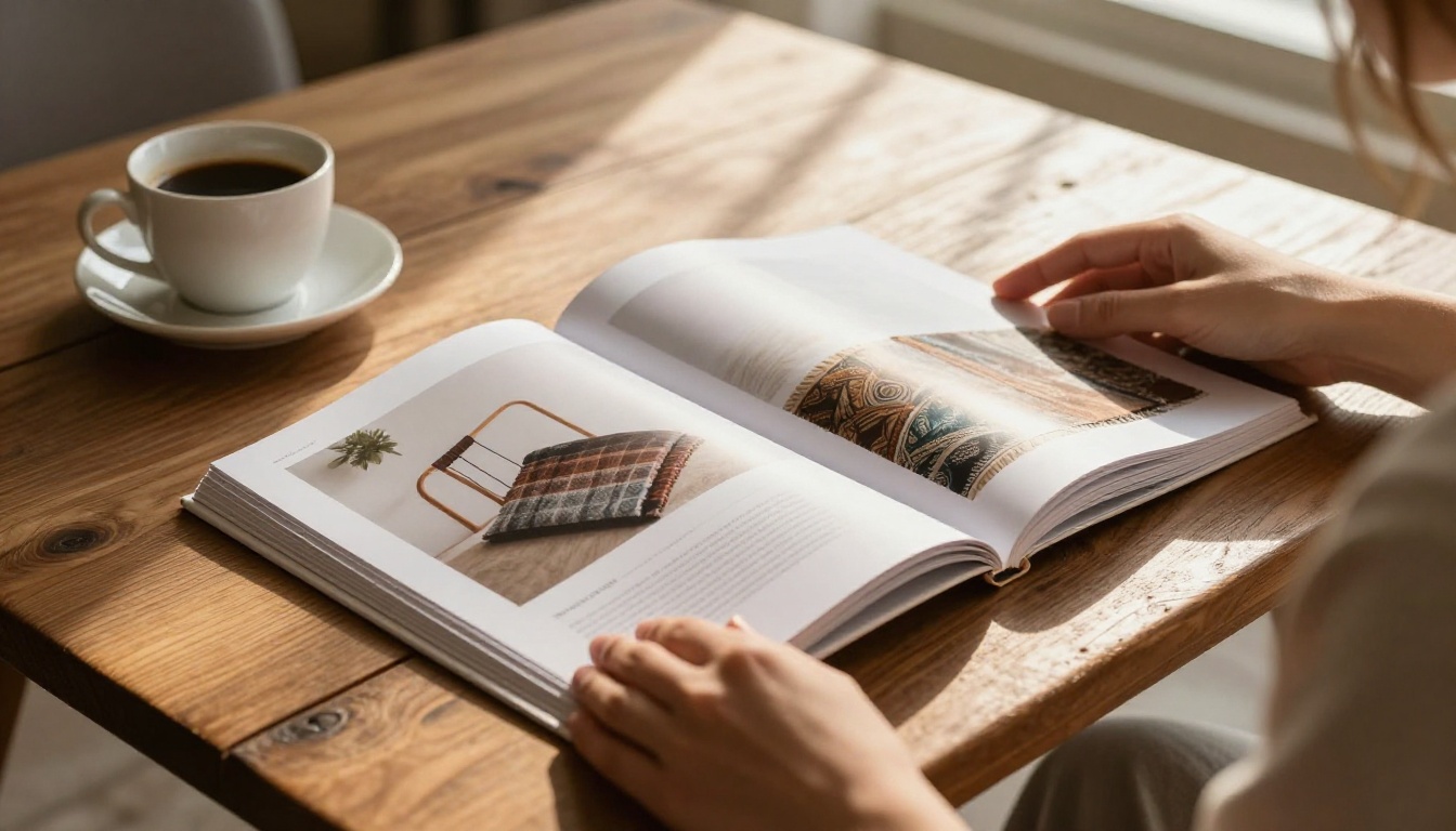 Woman turning pages of beautifully printed textile catalog book with fabric swatches visible on each spread