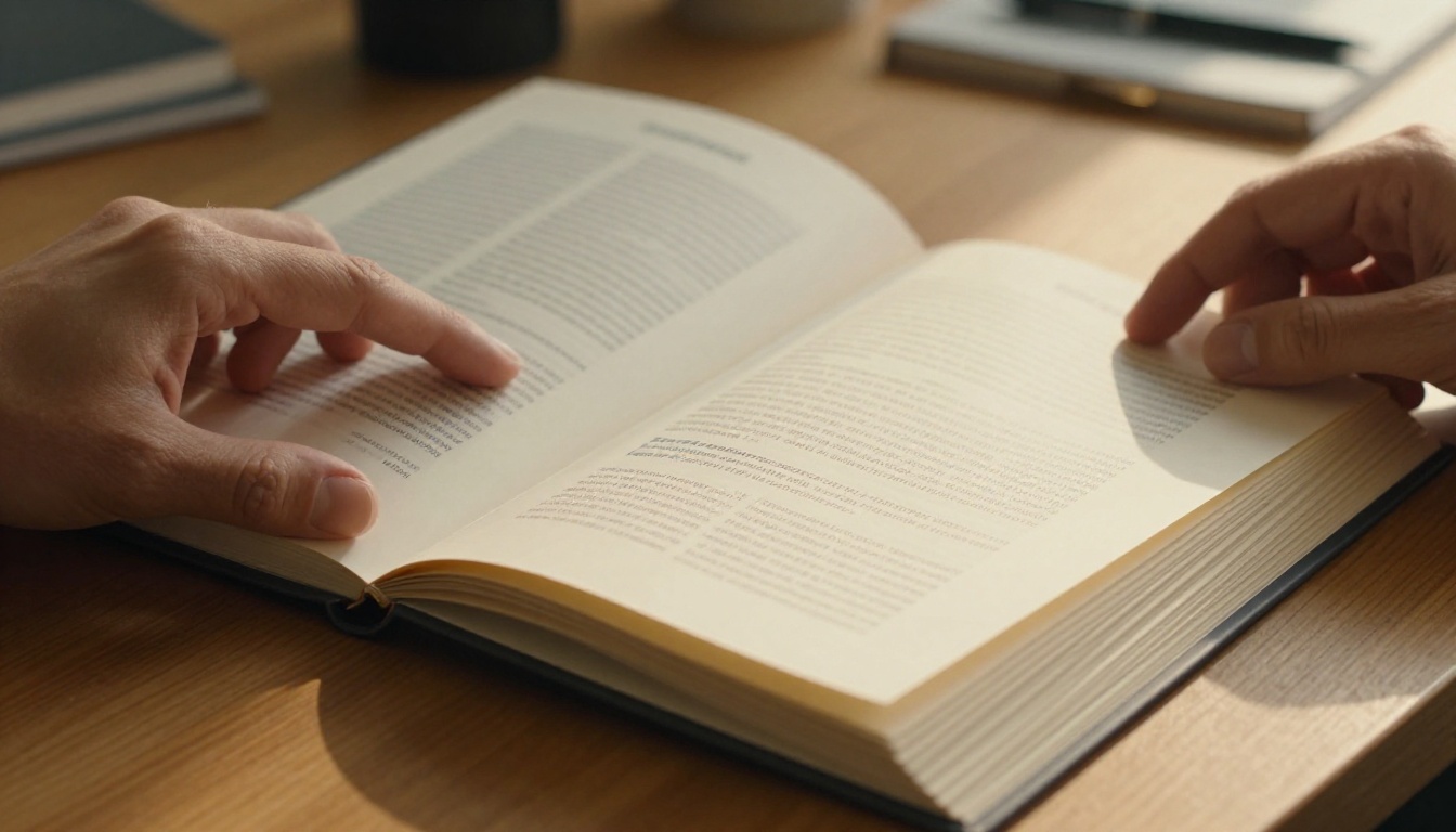 Close-up of hands gently turning the page of a printed professional portfolio booklet on a warm wooden desk