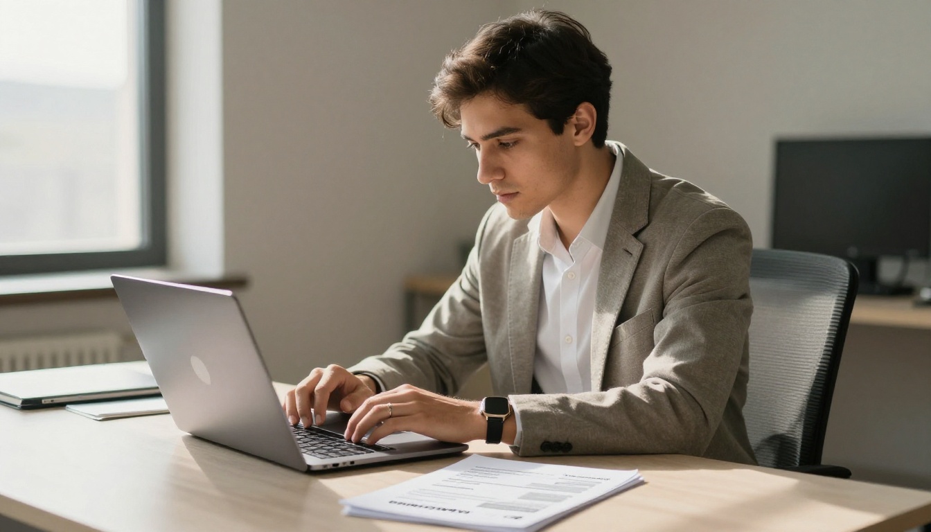 Young professional composing a job application email on a laptop with printed portfolio and resume spread beside him