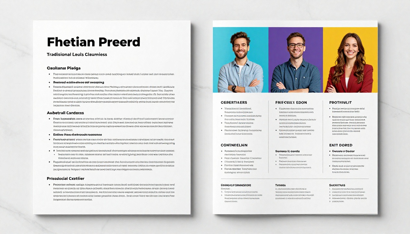 Aerial flat lay comparing a traditional dense resume and a colorful professional portfolio booklet on white marble