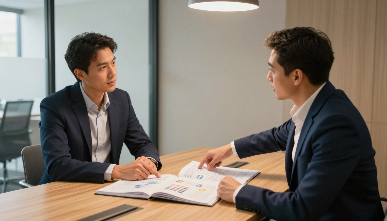 Two professionals in a job interview with a beautifully designed open portfolio on the conference table between them