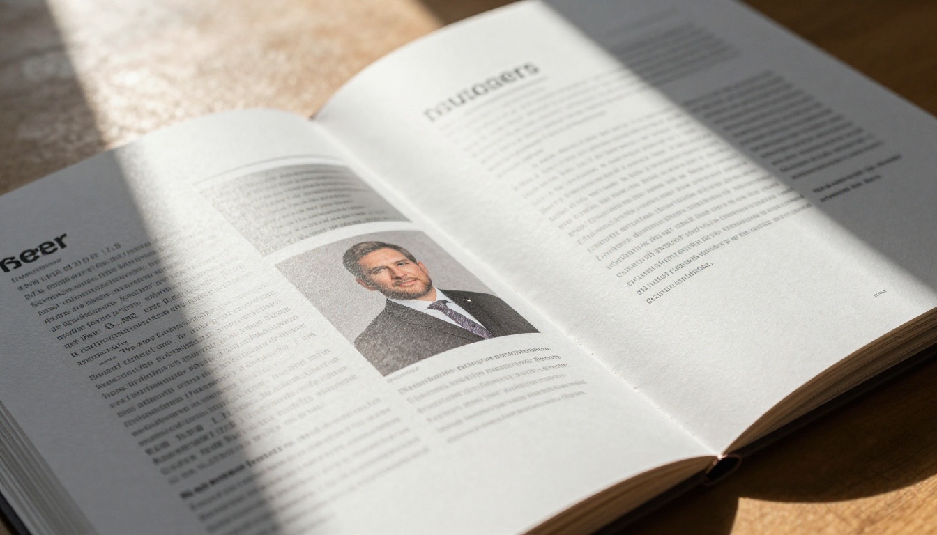 Close-up of a single open professional portfolio page showing premium typography and portrait printed on coated paper stock