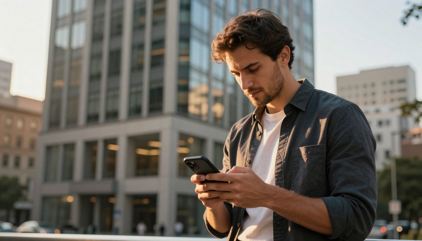 Professional man scrolling through his digital portfolio on a smartphone outside a modern office building in golden hour light