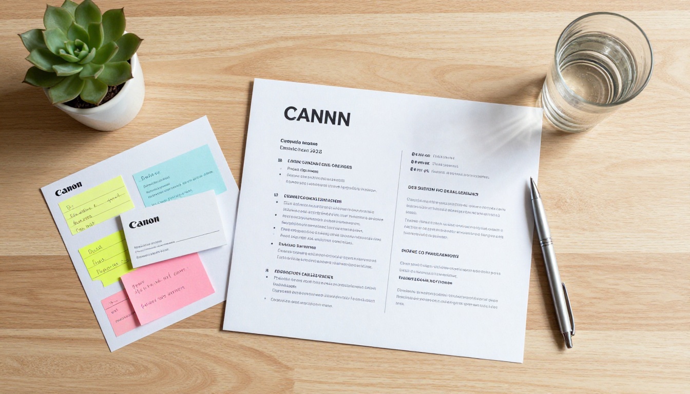 Aerial flat lay of a complete job application setup on a light oak desk with resume, portfolio booklet, business cards, pen, and sticky notes