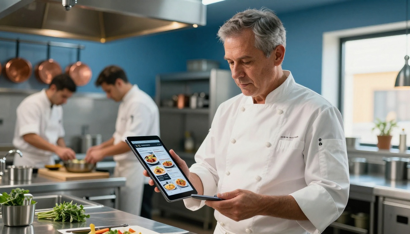 A professional executive chef in white coat holding a tablet displaying a digital menu in a modern commercial kitchen with stainless steel surfaces