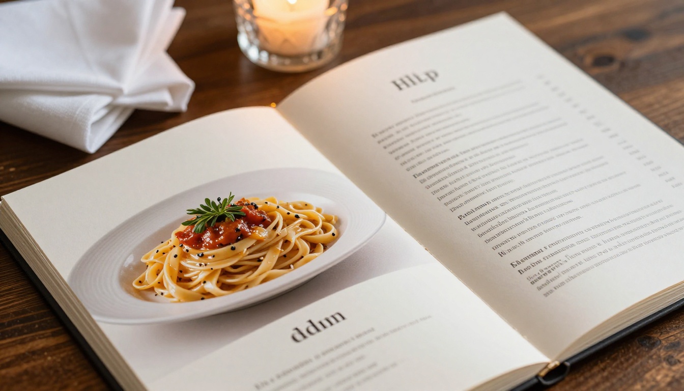 Close-up of a beautifully designed open restaurant menu spread across a dark walnut table with food photography and elegant typography