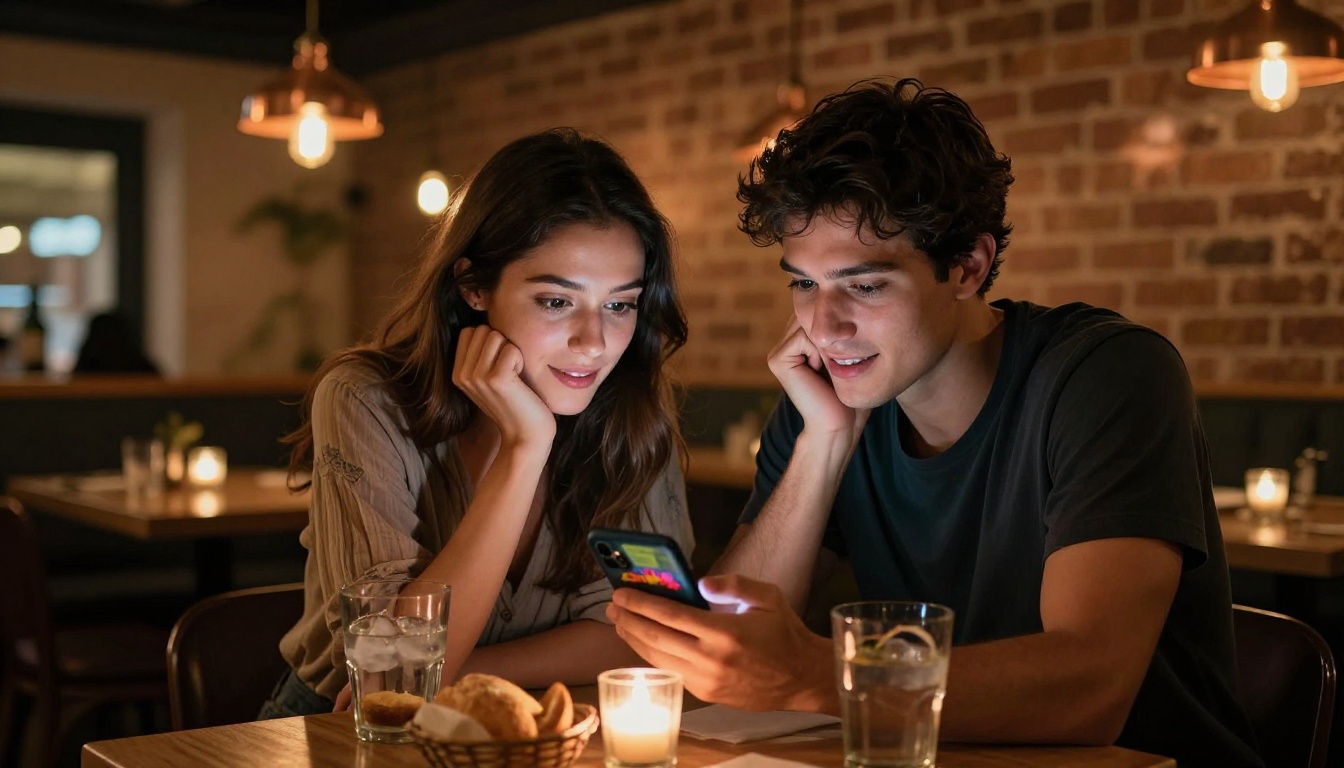 A young couple at a cozy bistro corner table, both leaning together looking at a smartphone showing a colorful digital restaurant menu
