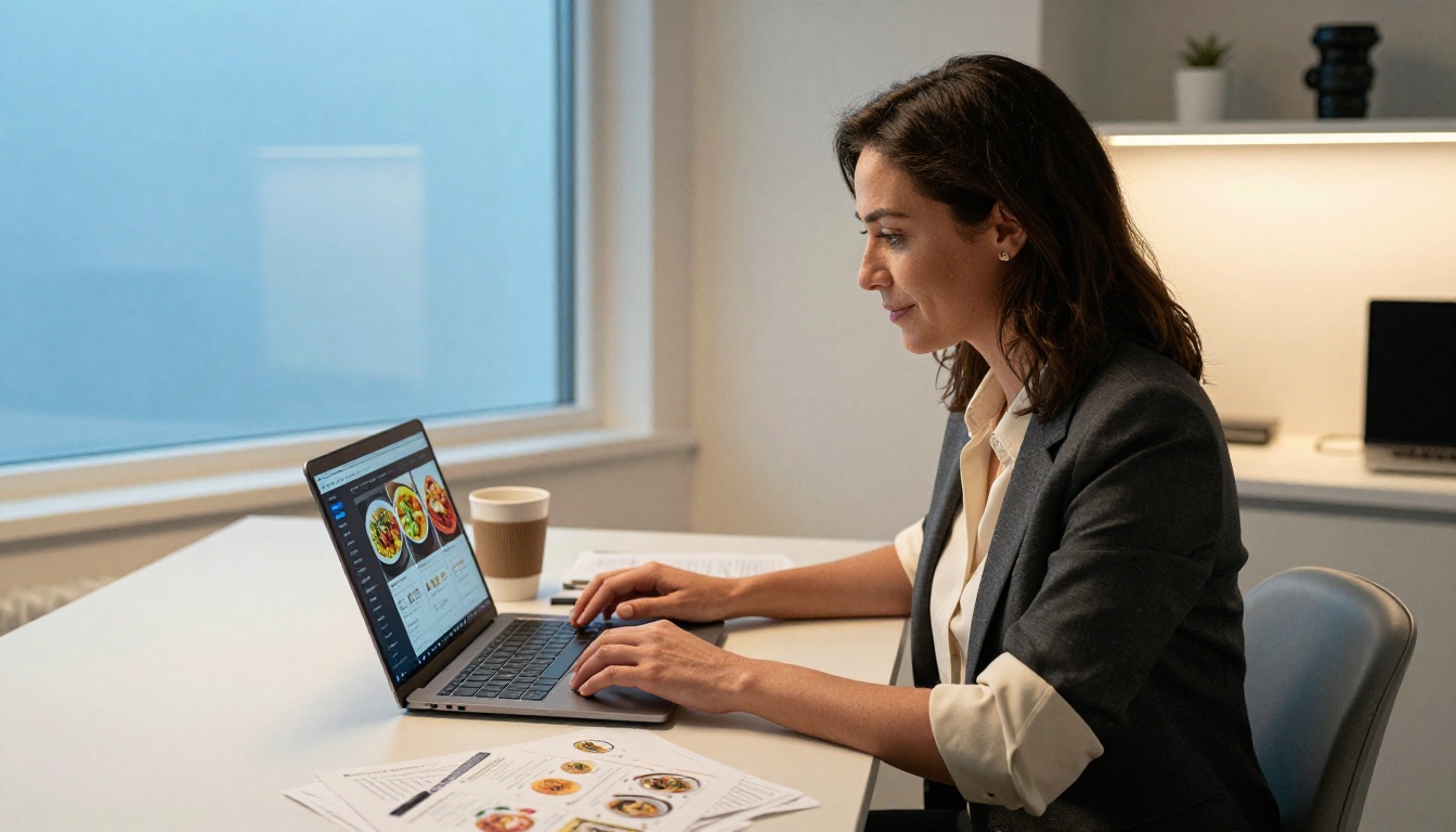 A restaurant owner in professional attire working on a laptop showing a digital menu design interface in a bright modern office with natural window light