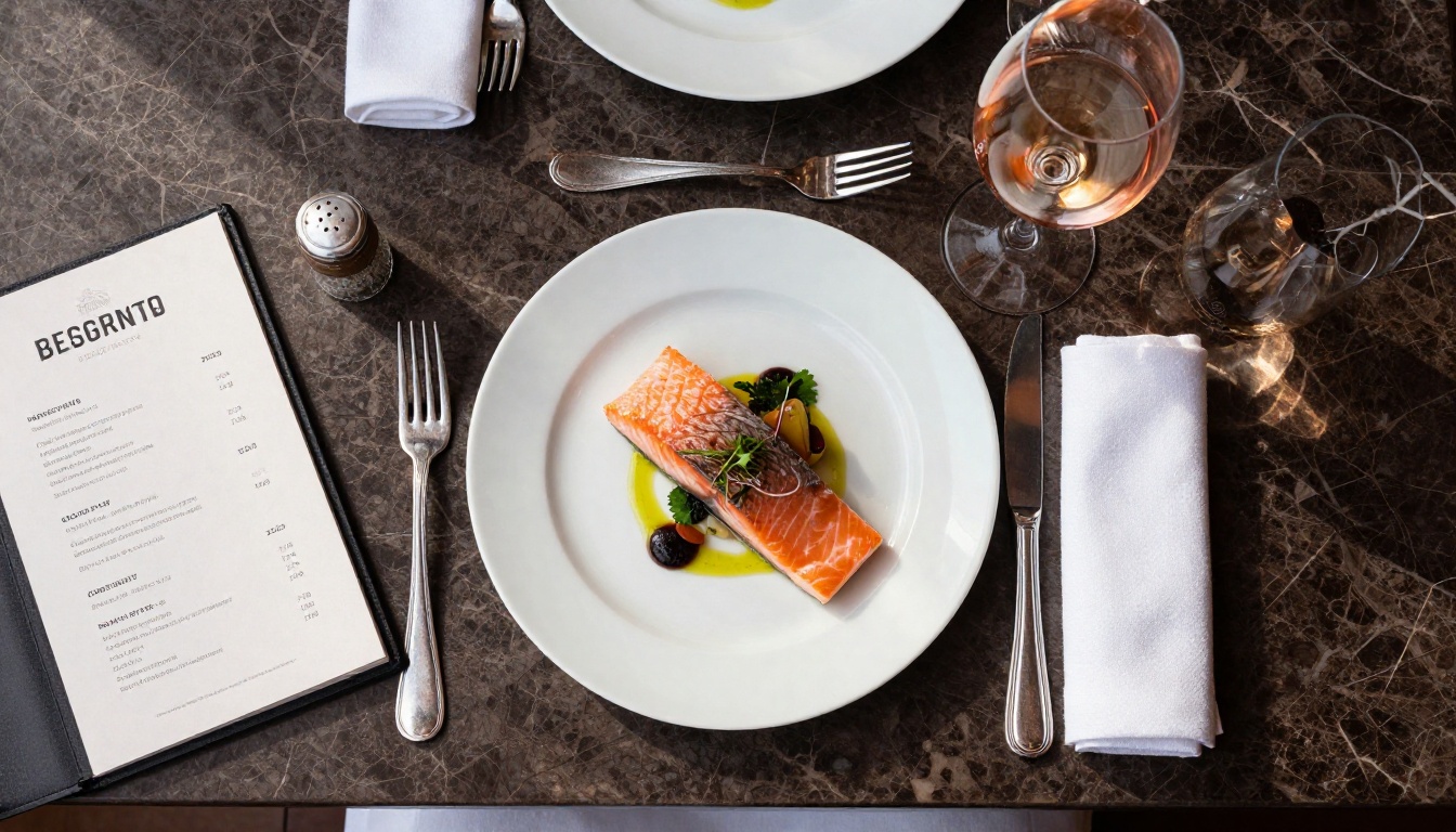 An overhead aerial flat lay of a styled restaurant table with a salmon dish, wine glass, silver cutlery, and an open menu on dark marble