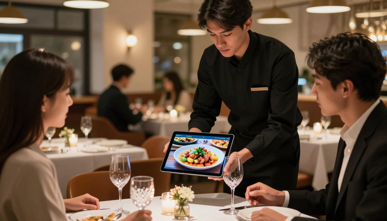 A professional restaurant server presenting a slim tablet device to a seated female customer in a warmly lit fine dining restaurant