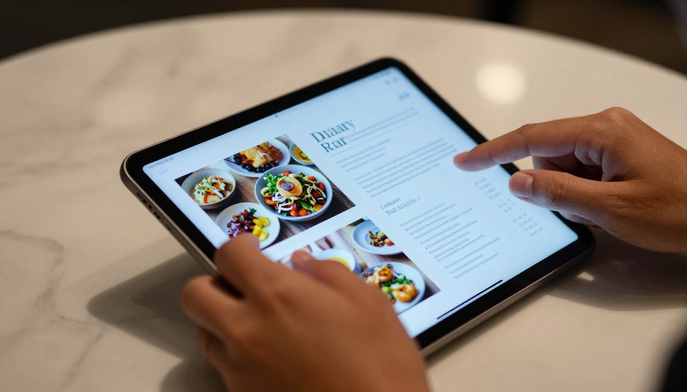 Two hands scrolling through a digital flipbook menu on a modern tablet showing a page-turn animation with vivid food photography on white marble