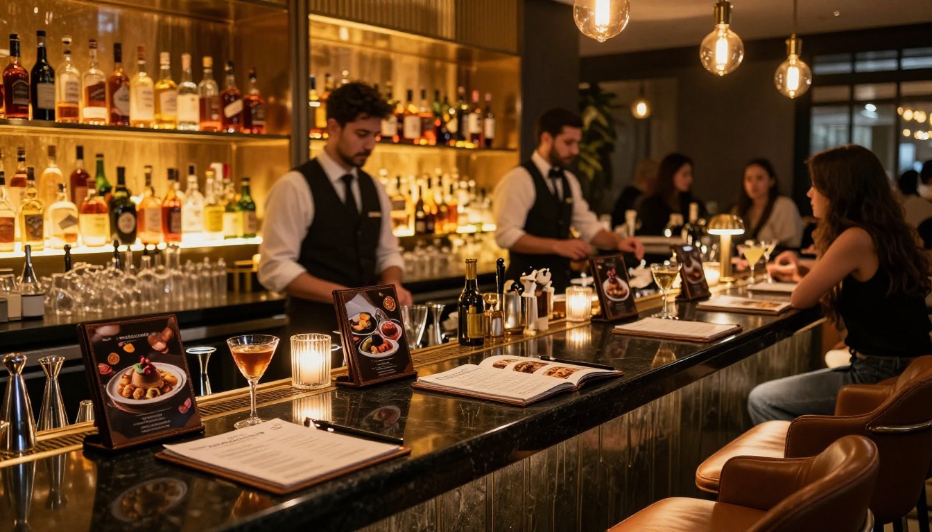A stylish modern restaurant bar in the evening with leather menu stands along a black granite counter, backlit liquor bottles, and bartenders in black vests