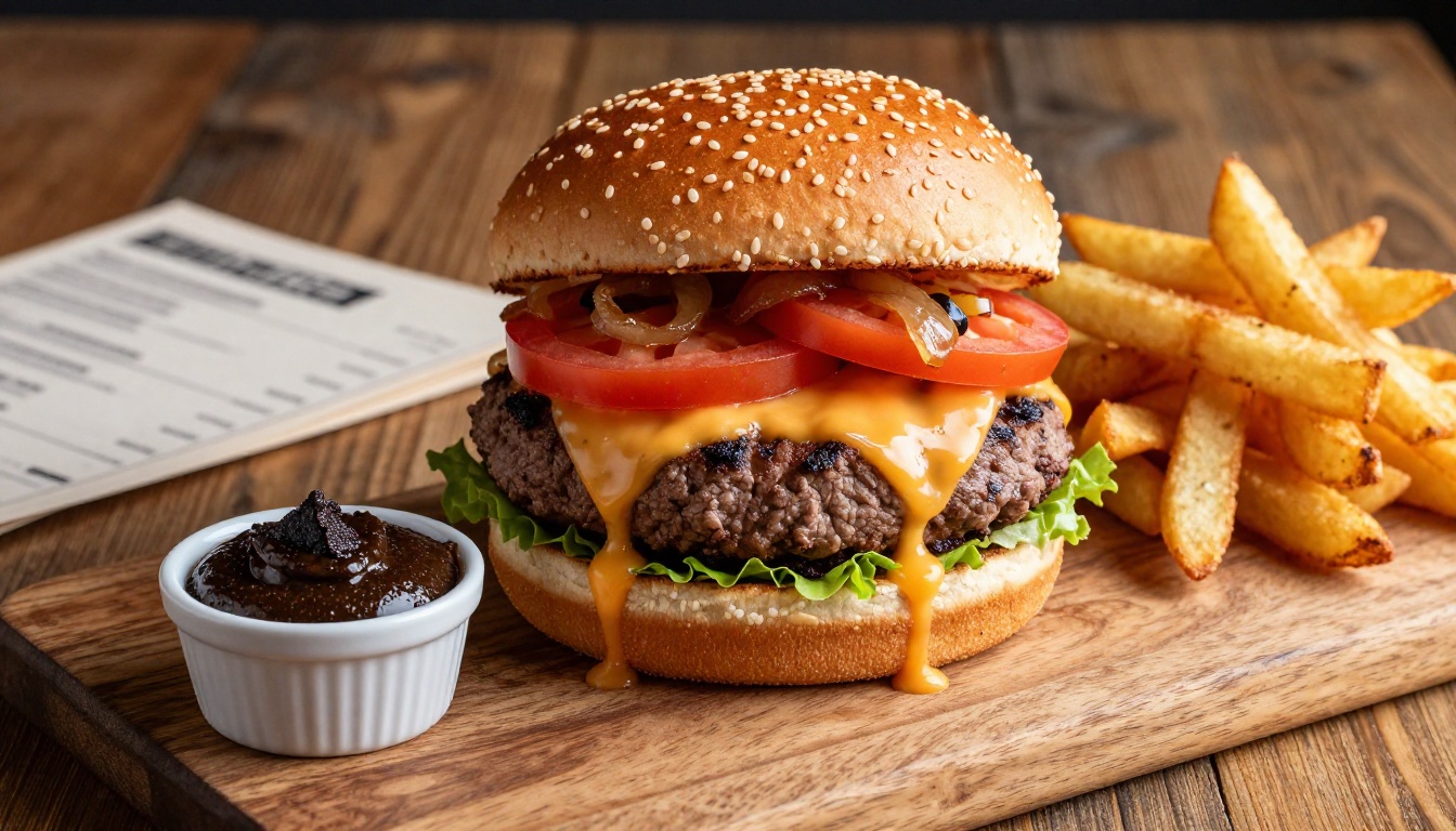 A perfectly composed food photography hero shot of a gourmet artisan burger on a wooden serving board with truffle sauce and crispy fries, dramatic side lighting