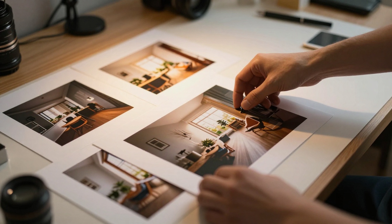 A professional photographer arranging before-and-after prints on a warm studio light table